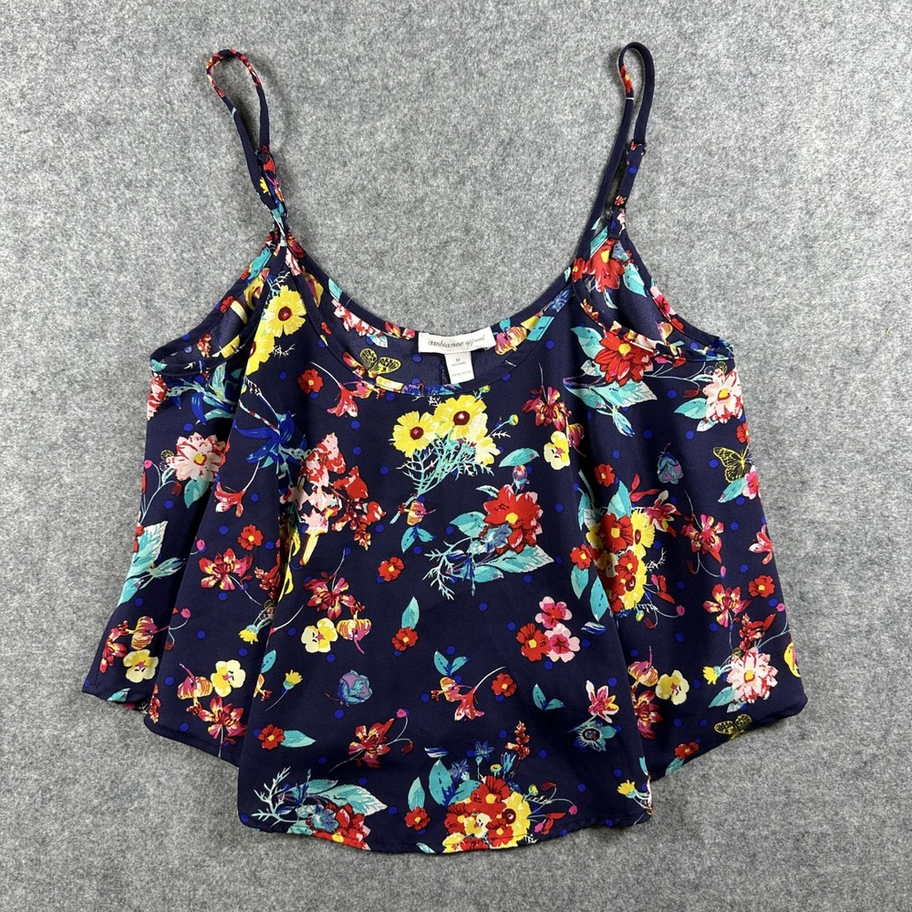 Ambiance Apparel Floral Cami Tank Top Medium Navy Blue Butterfly Flowy Polyester